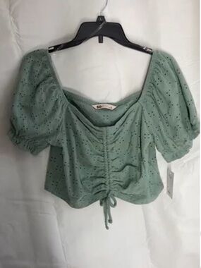 3/$15 So dull green eyelet cinch string puff sleeve crop top boho party XL jr